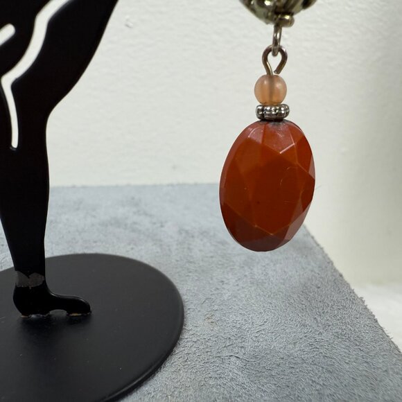 Silver Tone Ball w/ Brown Bead Dangle & Drop Pierced Earrings - Picture 5 of 9